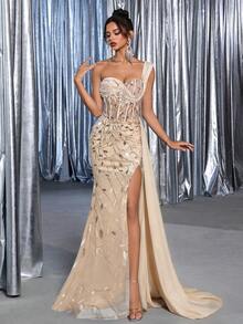 Glamrae Elegant Luxurious Embroidered Sequin Lace Satin Splice Slit Fishtail Formal & Evening Dress With Side Drape,Suitable For Weddings,Parties,Balls - Apricot - View 3
