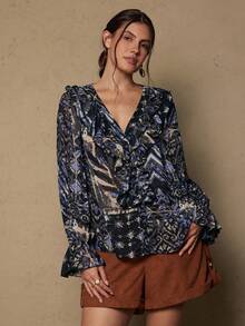 SHEIN VCAY Plus Size Women Floral Print Ruffle Collar Long Sleeve Fashion Blouse - Black - View 4