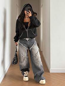 StreetHx Áo nỉ nỉ họa tiết da báo đinh tán phong cách Street Subculture dành cho nữ - màu đen - Xem 3