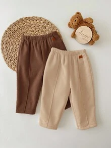 SHEIN 2pcs Baby Girl Corduroy Solid Color Thermal Lined Elastic Waist Pants, Autumn/Winter - Multicolor - View 3