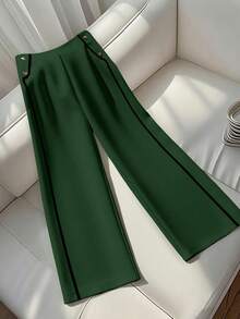 GlowEve CURVE Plus Size Women Casual Contrast Trim Straight Leg Pants - Dark Green - View 3