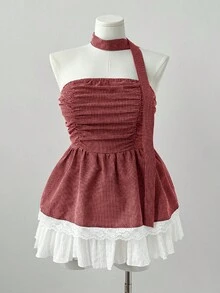 Sunspun Lace Hem Cropped Top With Plaid Strap Detail - Red - View 6