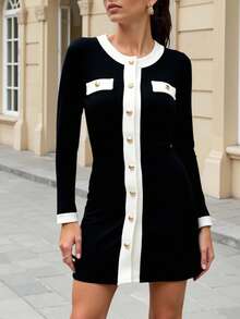 SHEIN Glamour SHEIN Spring And Summer Elegant Autumn New Single-Piece Knitted Black 
And White Long-Sleeved Round-Neck Mid-Length Women's Party Cardigan New Year Dress - Black and White - View 10