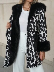 Solivie 女士秋冬加厚领羽绒服，加厚马甲仿皮草外套，女士冬季外套，奶牛纹女式冬季长款黑色保暖加厚棉质外套，动物纹豹纹外套，带内衬的女士秋季外套 - 彩色 - 查看 6