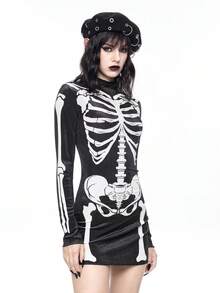 ROMWE Goth 哥特式骷髅印花黑色丝绒迷你连衣裙（女款） - 黑色 - 查看 7