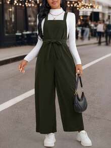 EMERY ROSE Plus Size Women's Solid Color Tie Strap Jumpsuit, Autumn/Winter