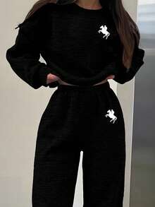 SHEIN Leap Crew 2 Stücke/Set Teenager Mädchen Lässig Minimalistisch Rundhals Langarm Dicker Pullover und Hose Set, geeignet für Herbst/Winter