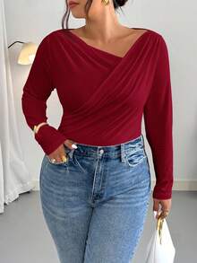 Firerie Tuta elegante e minimalista di moda sexy per taglie forti, adatta per pendolarismo, festival musicali, vacanze, con collo asimmetrico, drappeggiata, manica lunga elasticizzata, autunno/inverno - Bordò - Visualizzare 3