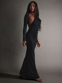 Hauture Đầm dự tiệc cocktail dài đuôi cá hở vai hở lưng có chi tiết xích cho nữ - màu đen - Xem 2