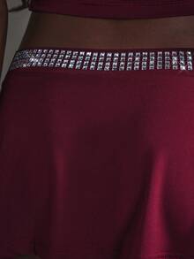 Hauture Jupe mini évasée à taille basse ornée de strass pour femmes - Rouge foncé - Voir 4