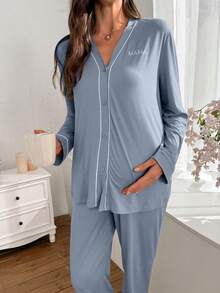 Moonlight&Mama Maternity Contrast Trim V-Neck Letter Embroidery Long Sleeve Top & Pants Lounge Set Sleepwear Pajama Set Sleepwear Women 2 Pieces Set, Fall & Winter - Blue - View 5