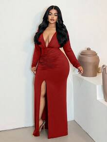 Maweii 大码纯色简约褶皱开衩性感连衣裙，日常穿着 - 紅色 - 查看 5