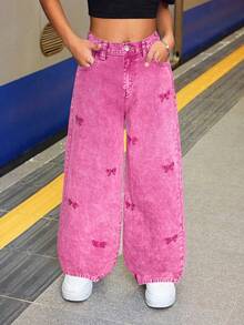 SHEIN Tween Girls' Y2K Trending Solid Washed Bowknot Jeans Embroidered Bow Baggy Denim Straight Leg Jeans,Tween Girl Fall Clothes Back To School Streetwear Outfits - Pink - View 4