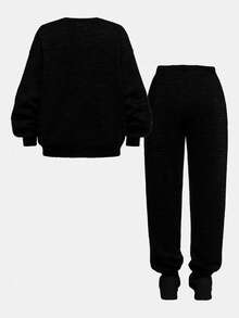 SHEIN Leap Crew 2 Stücke/Set Teenager Mädchen Lässig Minimalistisch Rundhals Langarm Dicker Pullover und Hose Set, geeignet für Herbst/Winter