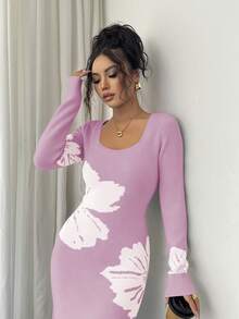 Elenzga Women's Turtleneck Floral Pattern Bodycon Long Sleeve Sweater Dress, Autumn/Winter - Mauve Purple - View 6