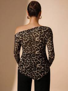 MaterniChic Elegant Maternity Leopard Print Oblique Shoulder Fitted Long Sleeve T-Shirt, Autumn - Coffee Brown - View 2