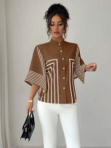 Elenzga 立领数码印花几何线条图案，不对称袖法式优雅衬衫，适合春夏度假穿着 - 鏽棕色 - 查看 3