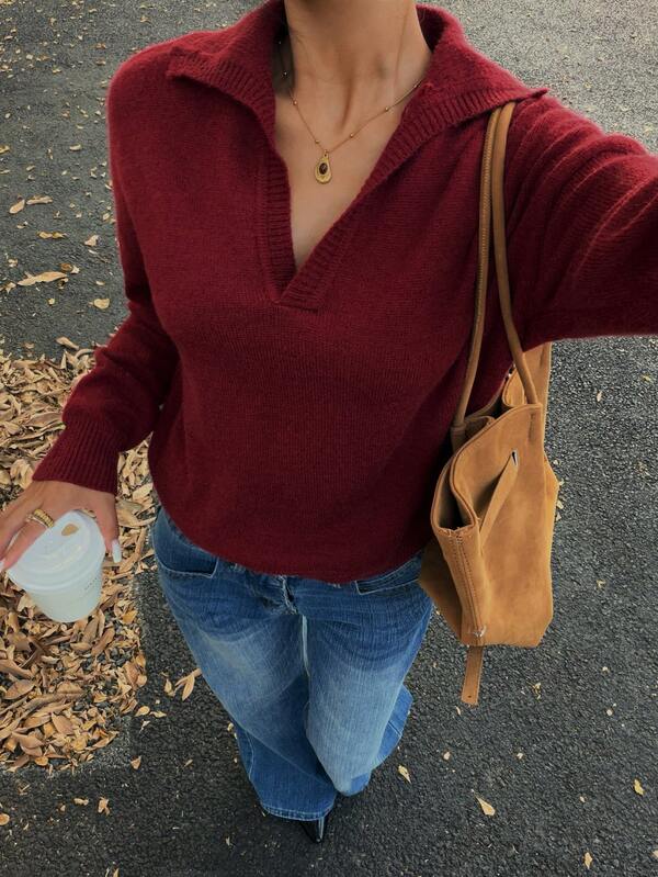 Flirla Women's Solid Color Turndown Collar Drop Shoulder Long Sleeve Casual Sweater, Autumn/Winter