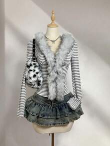 Elamini 2025秋冬新款女式修身V领条纹长袖上衣，性感款式 - 灰色 - 查看 4