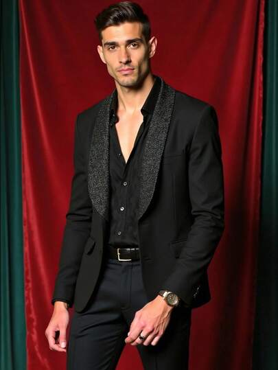 HIMLAND Men's Business Gentleman Shawl Collar Single-Breasted Suit Jacket And Trousers Set