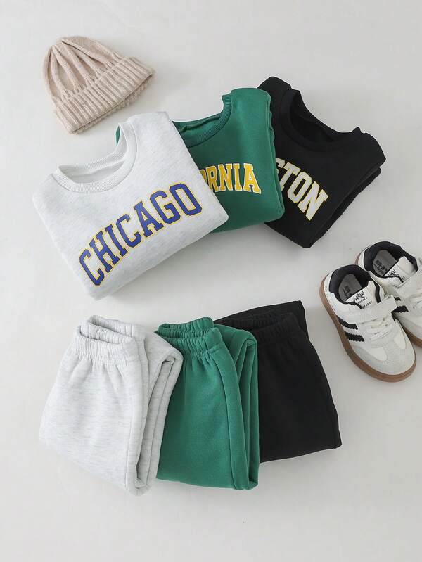 THE HAPPY LOOK 6pcs/Set Young Boy Letter Print Soft Knit Crew Neck Long Sleeve Pullover Sweatshirt & Elastic Waist Pants