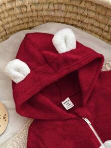 新生女宝宝可爱粉色毛绒卡通图案连帽连体衣，秋冬季 - 紅色 - 查看 3