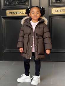 Sparklyn Young Girls Padded Coat, Casual Versatile All-Match Style, Brown Mid-Length Waist Cinched, Winter