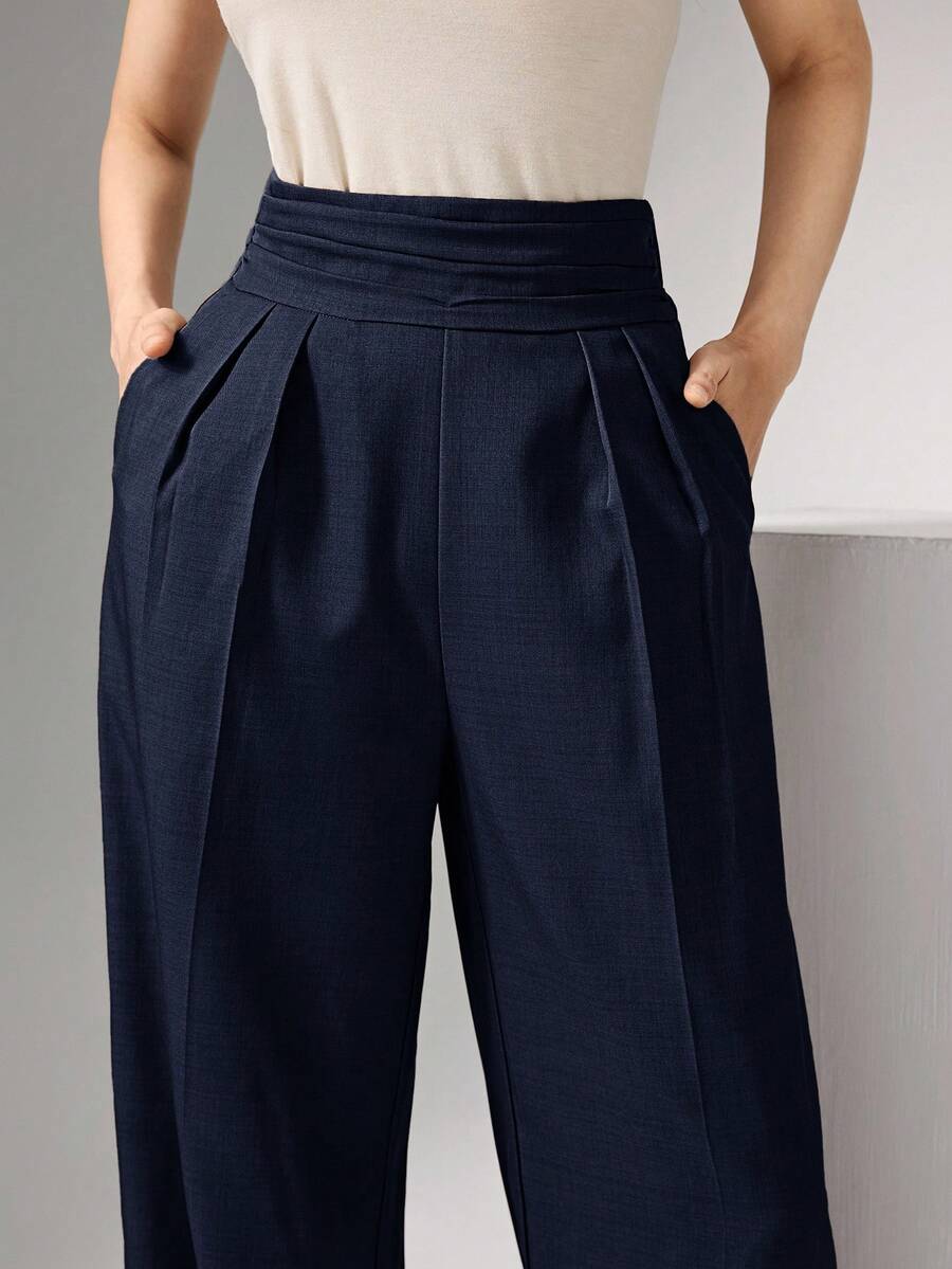 Heiryn Pantalones anchos de cintura alta plisados, elegantes y apropiados para el trabajo en otoño/invierno - Azul Marino - Ver 1