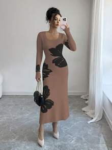 Elenzga Váy len bó sát eo dệt kim Jacquard cổ vuông - Màu Khaki - Xem 5