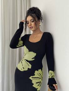 Elenzga Gaun Sweater Bodycon Rajut Jacquard Leher Persegi - Mint Green - View 6