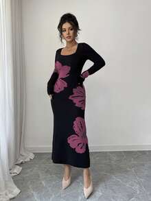 Elenzga Gaun Sweater Bodycon Rajut Jacquard Leher Persegi - Purple - View 3