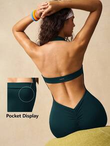 VARSIVA Solid Color Pleated Halter Backless Sleeveless Jumpsuit - Dark Green - View 10