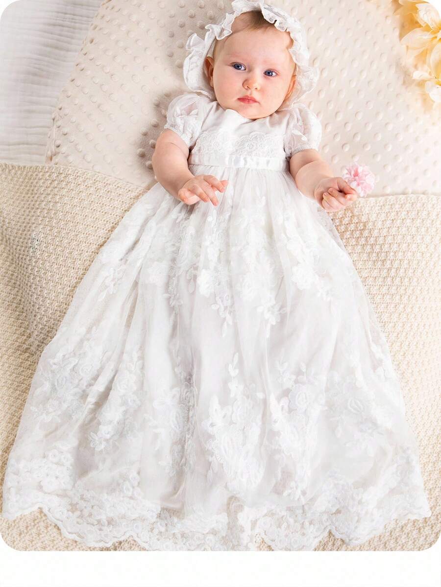 SHEIN Baby Girl Bubble Sleeve Mesh Splice Round Neck Dress And Hat Set