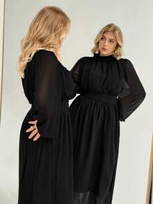 Auralis Plus-Size Women's/Fashionable Elegant Loose Comfortable, Everyday Sheer Chiffon Long-Sleeved Fitted Waist Dress Elegant Dress,Church Dress Outfits Spring - Black - View 6
