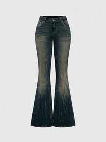 ROMWE Grunge Punk Y2K 复古女式九分喇叭牛仔裤，带十字和翼形刺绣口袋 - 藍色 - 查看 2