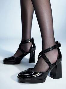 Sugerpunk New Stylish Versatile Burgundy Party/Office/Runway Thick Heel Waterproof Platform High Heels For Women, Suitable For All Seasons - Black - View 7