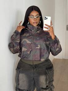 Maweii 大码休闲迷彩印花长袖卫衣外套 - 軍綠色 - 查看 1