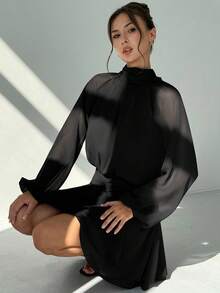 Aloruh 女士优雅纯色迷你连衣裙，适合通勤。 - 黑色 - 查看 3