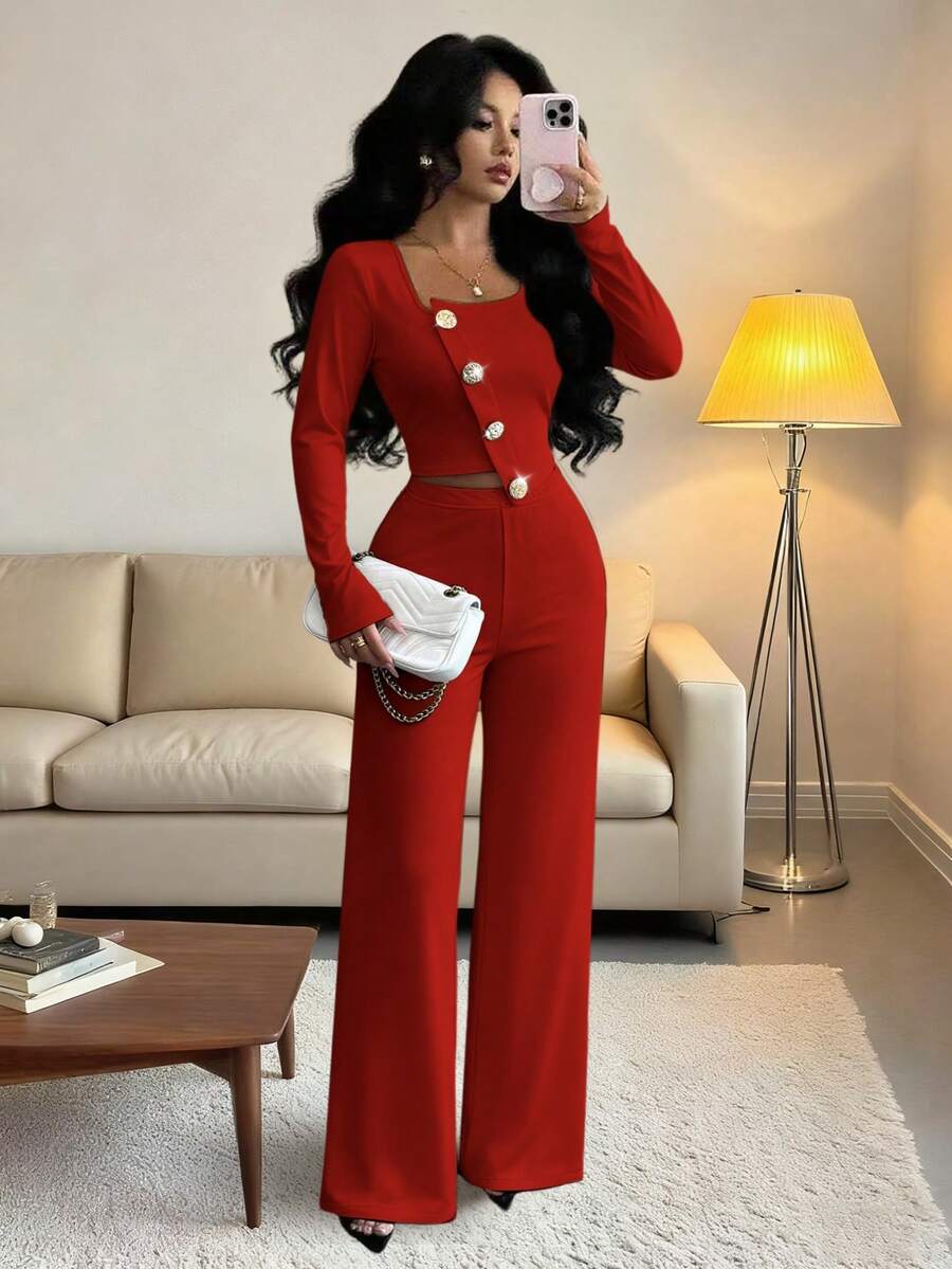 Elenzga Women's Elegant Office Commute Afternoon Tea Party Asymmetric Hem Long Sleeve Blazer Jacket And Elastic Waist Pants 2 Pieces Suit Set, Autumn/Winter - Red - View 1