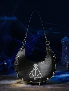 HARRY POTTER X SHEIN Deathly Hallows Crescent Shoulder Bag, Black Y2K Punk Rivet Hobo, Unique Goth Crossbody For Streetwear & Daily - Black - View 8