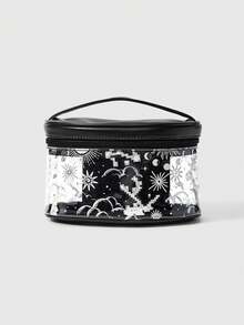 ROMWE Fairycore 1pc Black Gothic Style Moon & Sun Print Large Capacity Portable Makeup Bag - Black - View 1