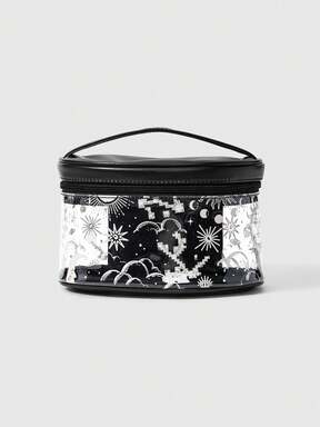 Fairycore 1pc Black Gothic Style Moon & Sun Print Large Capacity Portable Makeup Bag