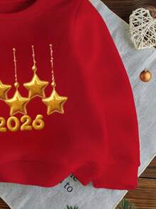 SHEIN 女婴时尚休闲星形印花2026新年圆领长袖卫衣，圣诞节，适合秋冬季节，轻盈舒适，秋季叠穿可选，时尚休闲，图案设计，返校季，秋季，返校派对，适合户外野餐、街头摄影、居家、校园、假期，情人节、圣诞节、新年礼物 - 紅色 - 查看 6