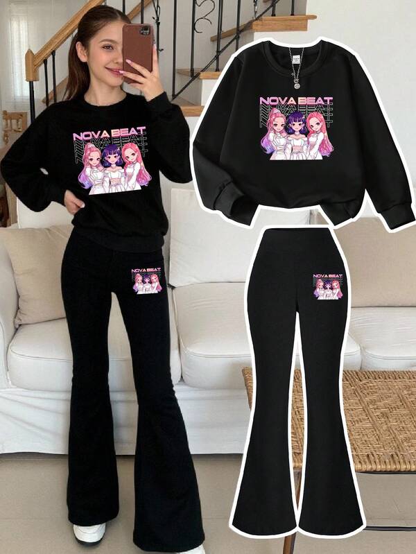 SHEIN Explorewe Conjunto de 2 peças de moletom e leggings com personagens de desenho animado K-Pop para meninas, ideal para fãs de K-Pop e uso diário, moletom casual com capuz adequado para uso diário, ao ar livre, esportes e escola, outono/inverno