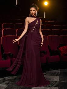 Glamrae Elegant Brown High-Stretch Mesh Asymmetric Shoulder Maxi Dress With Flowy Sleeves, Front Ruching, Metal 3D Floral Decor, Draped Side Panels, Fishtail Hem, Suitable For Dates, Singles Parties, Weddings, Formal Occasions, Formal Gown