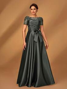 Serin 优雅奢华浪漫咖啡色网眼拼布缎面褶饰奢华串珠贴花短袖蝴蝶结 A 字下摆连衣裙，适合晚会、约会、度假、舞会、婚礼、新娘妈妈礼服 - 灰色 - 查看 5