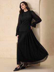 Graceveil Women's Elegant Chiffon Round Neck Decorative Button Dress, Black, Autumn/Winter - Black - View 7