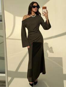 Aloruh Autumn Minimalist Commuter Oblique Shoulder Flare Sleeve Pleated Dress For Women - Olive Green - View 5
