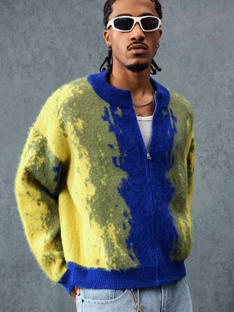 Street Life Men's Contrast Color Round Neck Long Sleeve Casual Jacquard Knit Cardigan, Autumn/Winter