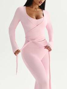Sovereign Charm 3pcs Women's Sports Suit Set, Includes Long Sleeve T-Shirt, Adjustable Strap Top, And High Waist Flared Pants, Suitable For Daily Casual Wear, Running, Yoga, Gym, Tennis, All Seasons Flared Leggings Set Pink Sport Set - Pink - View 8